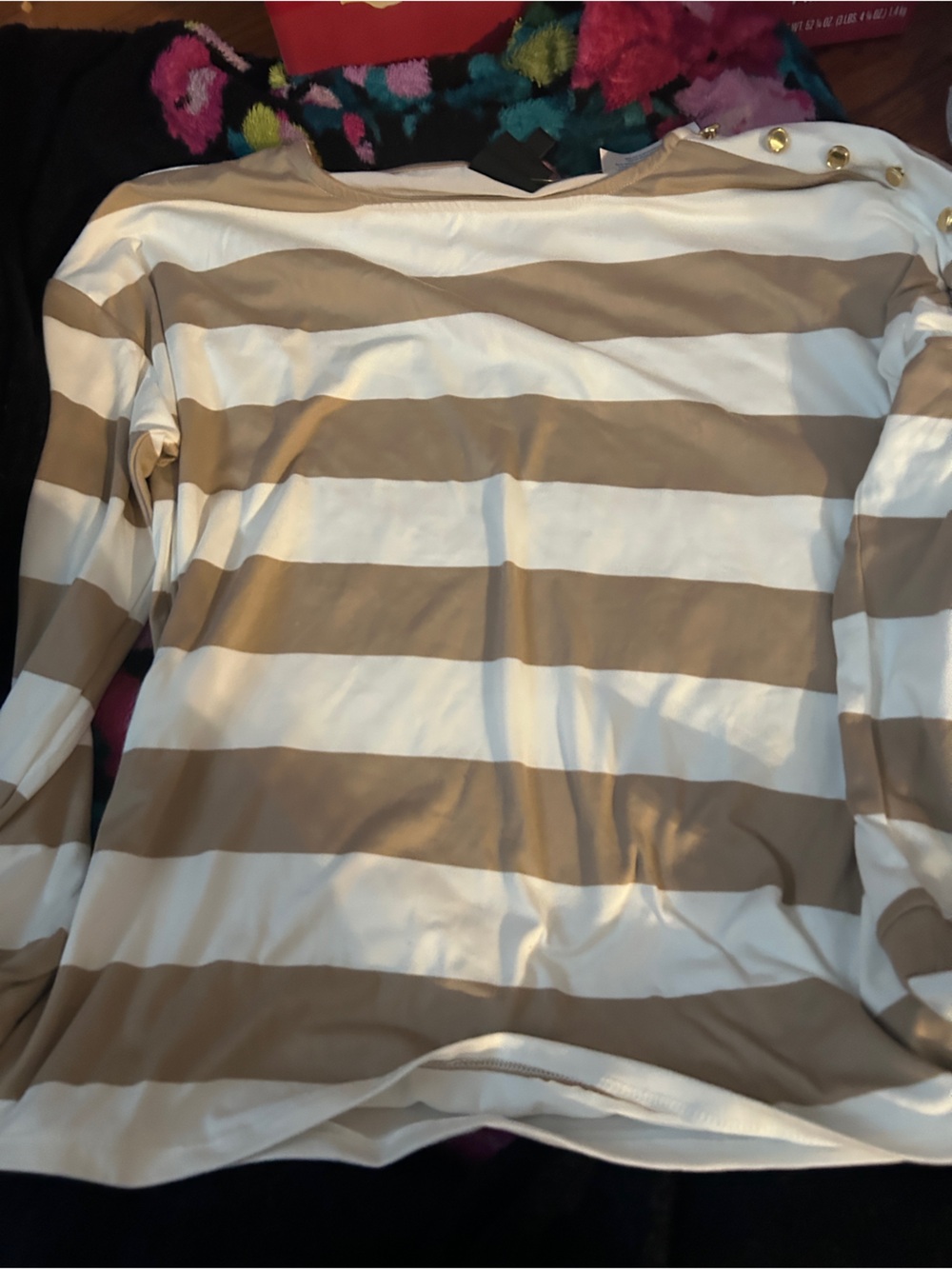 Beige and White Striped Long-Sleeve Tee nwt woman